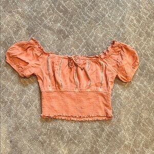 Olivaceous Orange Puff Sleeve Smocked Crop Blouse